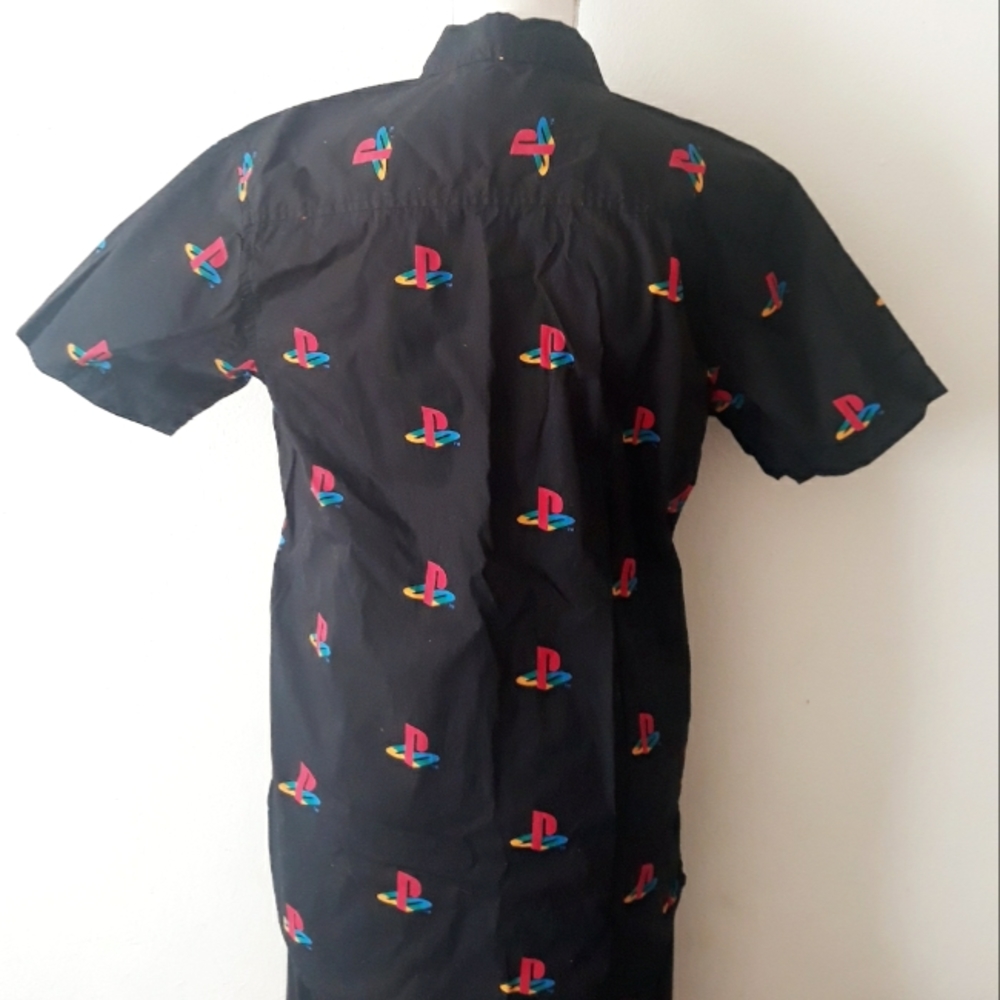 Licensed Sony Playstation Allover Logo Button Front Shirt - Size Medium Black - Picture 2 of 9